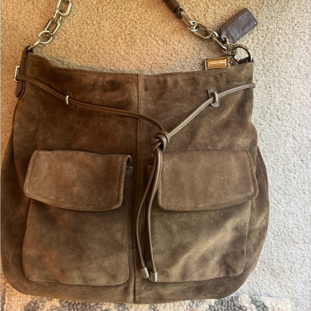 Khaki Brown Suede Coach Shoulder Bag